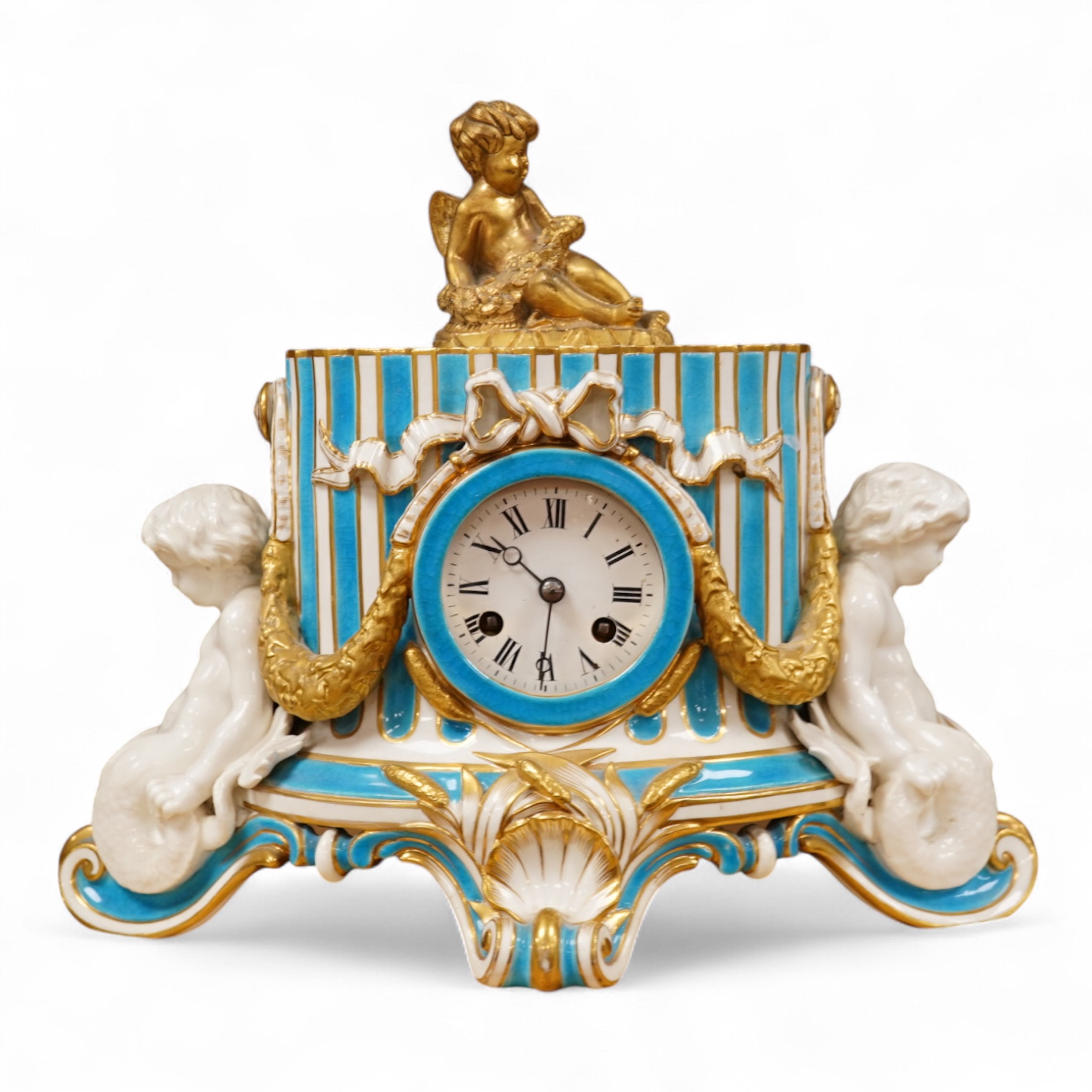 A 19th-century Sevres style porcelain mantel clock, 29cm tall